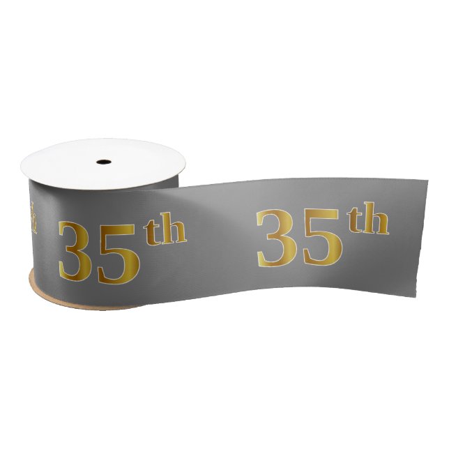 Faux/Imitation Gold "35th" Event Number (Gray) Satin Ribbon (Spool)