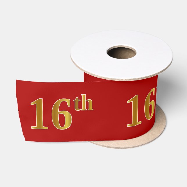 Faux/Imitation Gold Look "16th" Event Number (Red) Satin Ribbon (Spool)