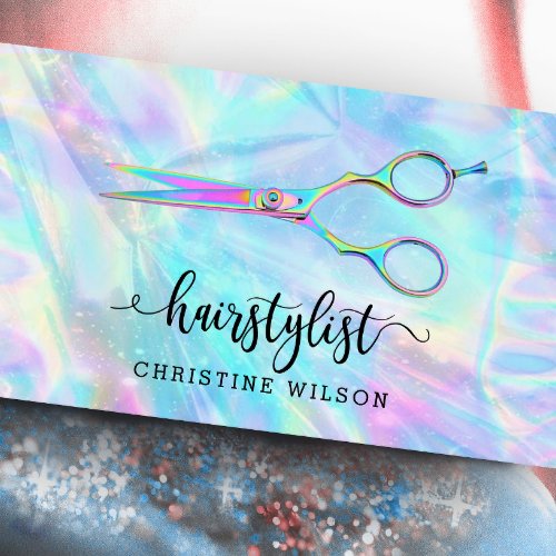 faux iridescent effect hairstylist scissors business card