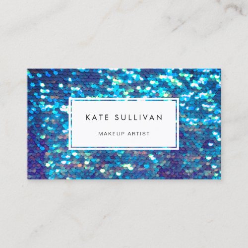 faux iridescent effect mermaid blue sequin business card