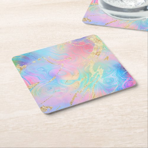 FAUX iridescent fluid marble Square Paper Coaster