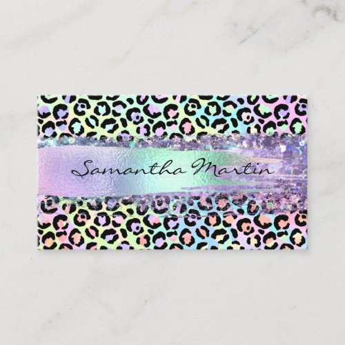 Faux Iridescent Foil Brush Stroke Rainbow Leopard Business Card