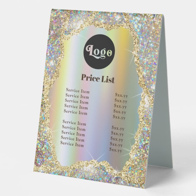 Faux iridescent glitter foil table tent (Front)