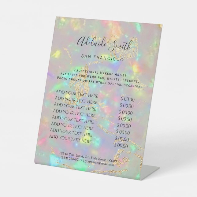 faux iridescent opal price list pedestal sign (Front)