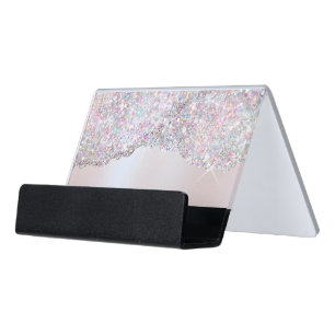 Faux iridescent pink glitter foil desk business card holder