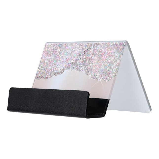 Faux iridescent pink glitter foil  desk business card holder (Angled Front)