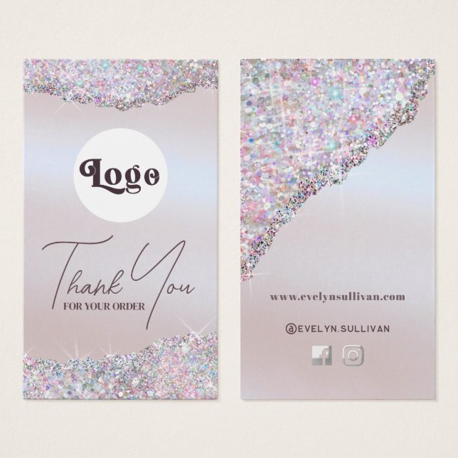 Faux iridescent pink glitter foil package insert (Front & Back)