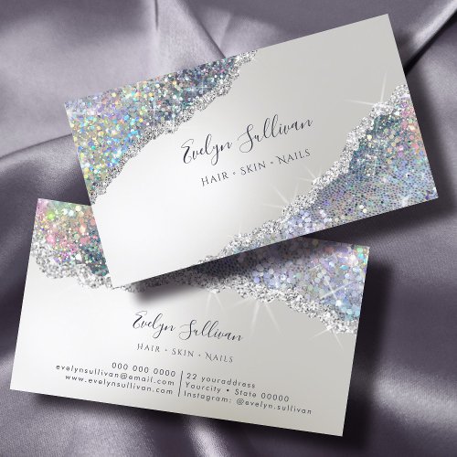 Faux Iridescent Silver Glitter Business Card