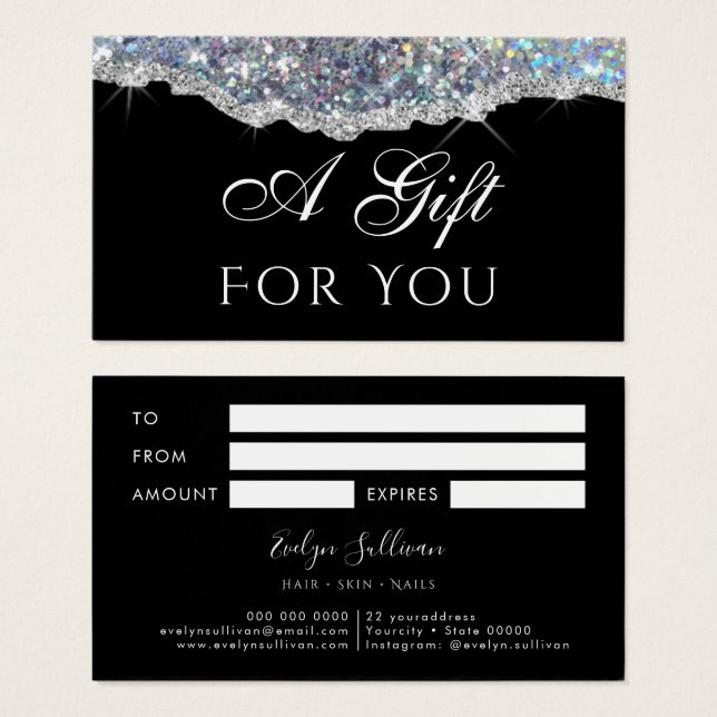 Faux iridescent silver glitter sequin gift card (Front & Back)