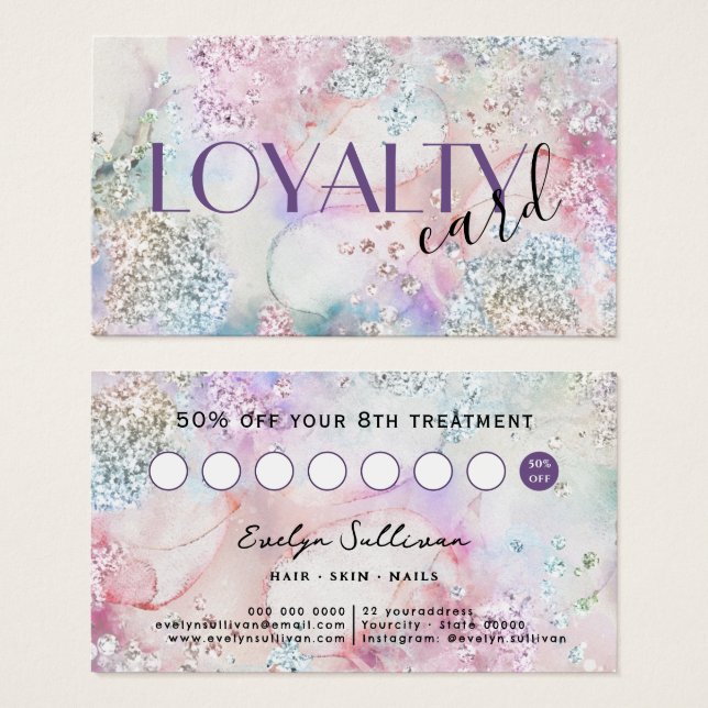 Faux iridescent watercolor glitter loyalty card (Front & Back)