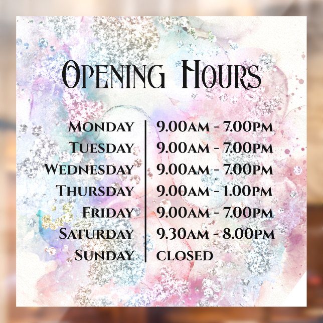 Faux Iridescent Watercolor Glitter Opening Hours Window Cling (Sheet 2)