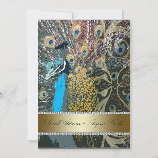 Faux Jewel & Elegant Peacock Wedding Invitation (Front)