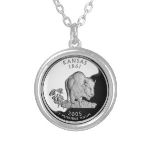Faux Kansas State Quarter Round Silver Plated Necklace