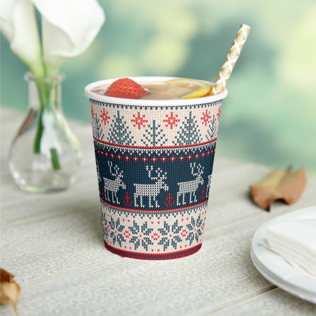 Faux Knit Holiday Pattern Nordic Theme Christmas Paper Cups (Insitu)