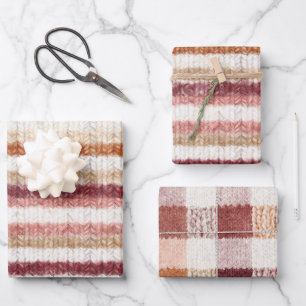 Faux Knitt Red Pink White Orange Stripes Birthday Wrapping Paper Sheets