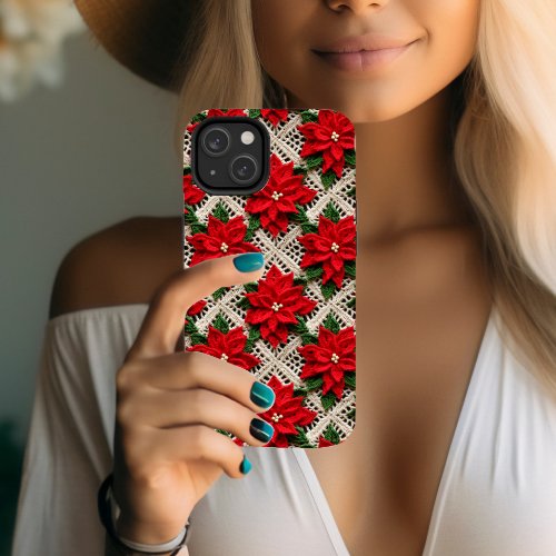 Faux Knitted Red and Green Christmas Poinsettias Case_Mate iPhone 14 Pro Case