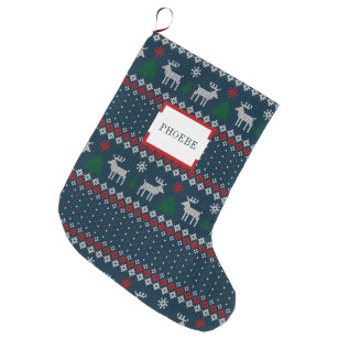 Faux Knitting Pattern Christmas Tree and Deer Large Christmas Stocking