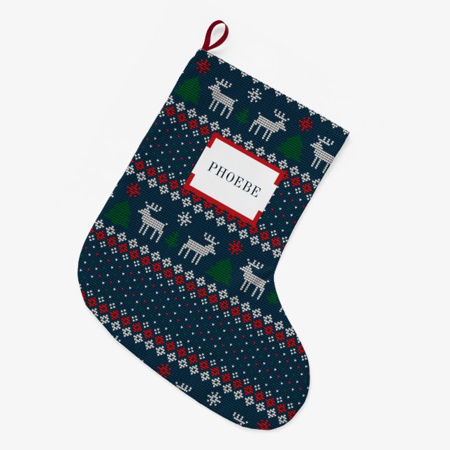Faux Knitting Pattern Christmas Tree and Deer Large Christmas Stocking (Front (Hanging))