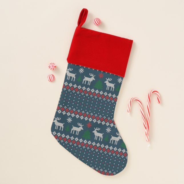 Faux Knitting Pattern Christmas Tree and Deer Stocking (Front)