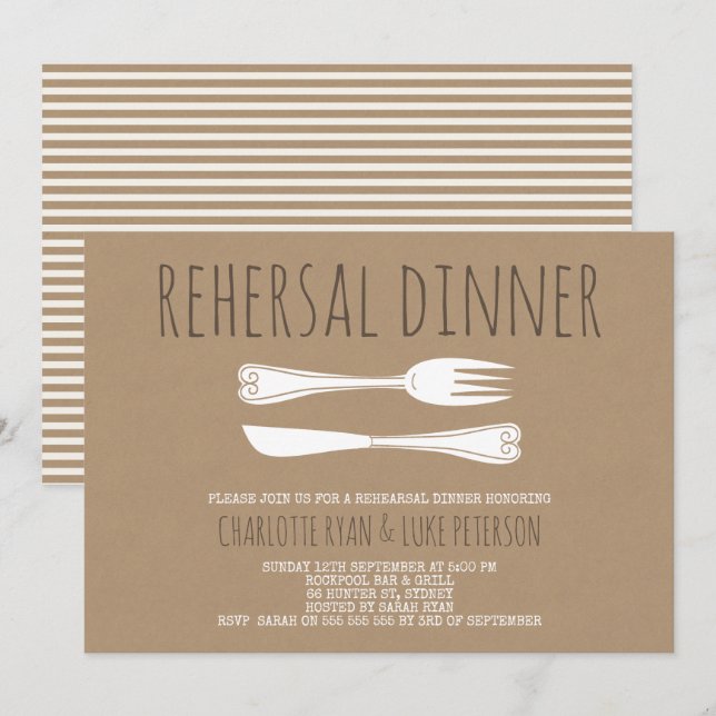 Faux Kraft Cutlery Rehearsal Dinner Invitation (Front/Back)