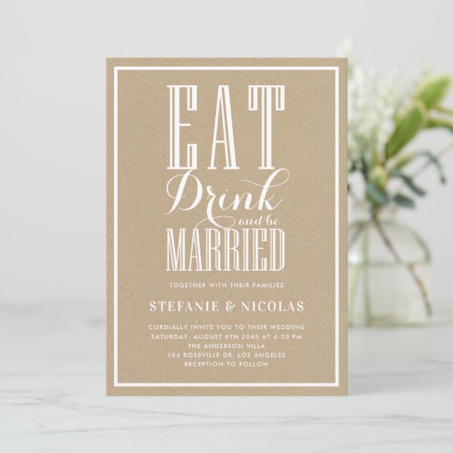 Faux Kraft Eat, Drink and Be Married Wedding Invitation (Standing Front)
