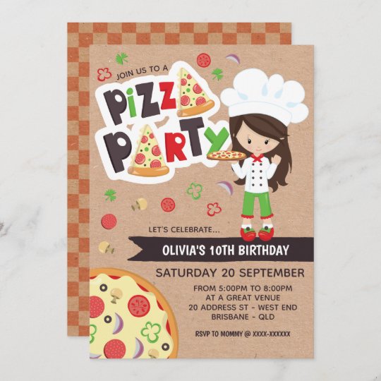 Faux Kraft Girl Pizza Party Birthday Invitation | Zazzle.com