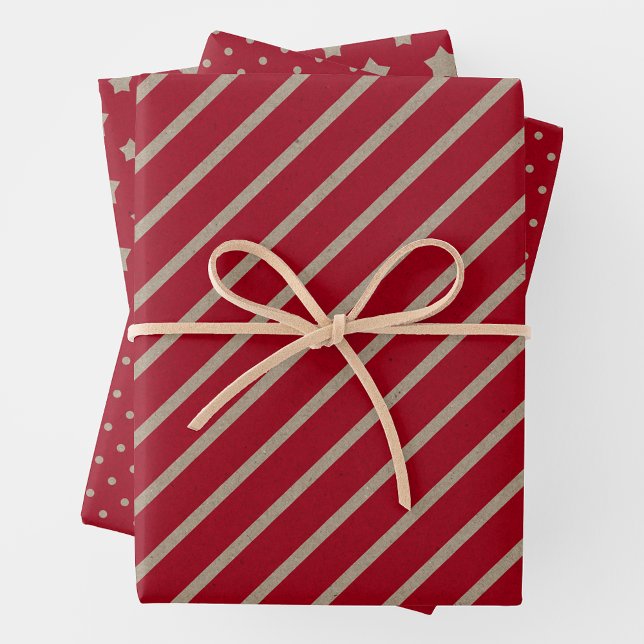 Faux Kraft Paper With Stars, Stripes & Polka Dots (Faux Red Kraft Paper w/ Brown Stars, Stripes & Polka Dots)