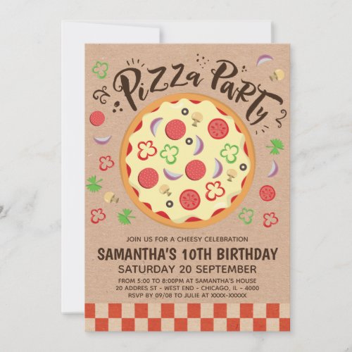 Faux Kraft Pizza Party Birthday Invitation