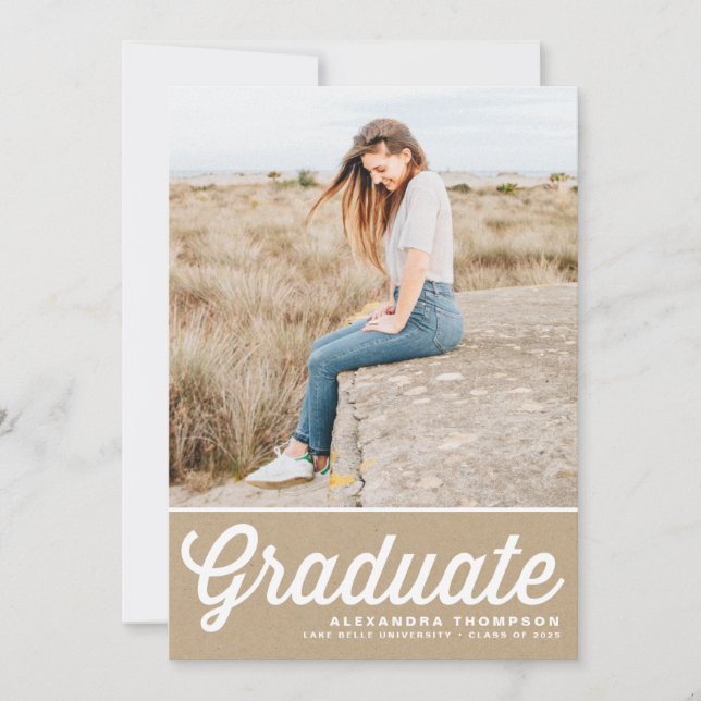 Faux Kraft Retro Bold Typography Photo Graduation Invitation (Front)