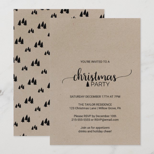Faux Kraft Simple Calligraphy Christmas Party Invitation (Front/Back)