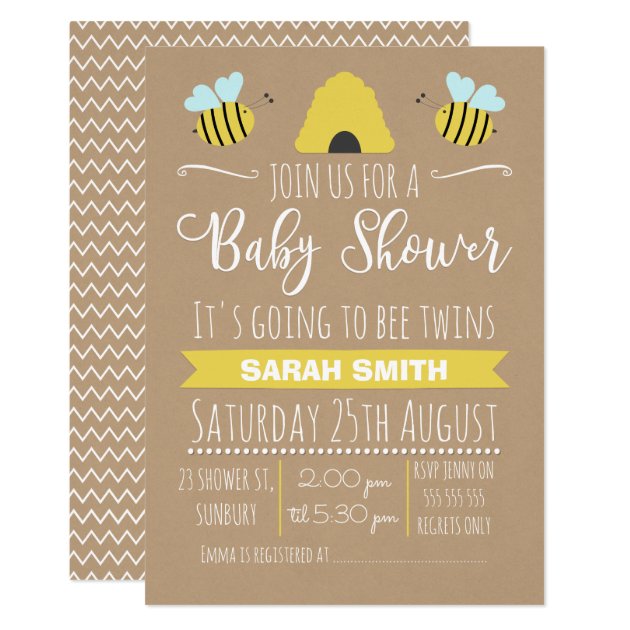 Faux Kraft Twins Busy Bee Baby Shower Invitation