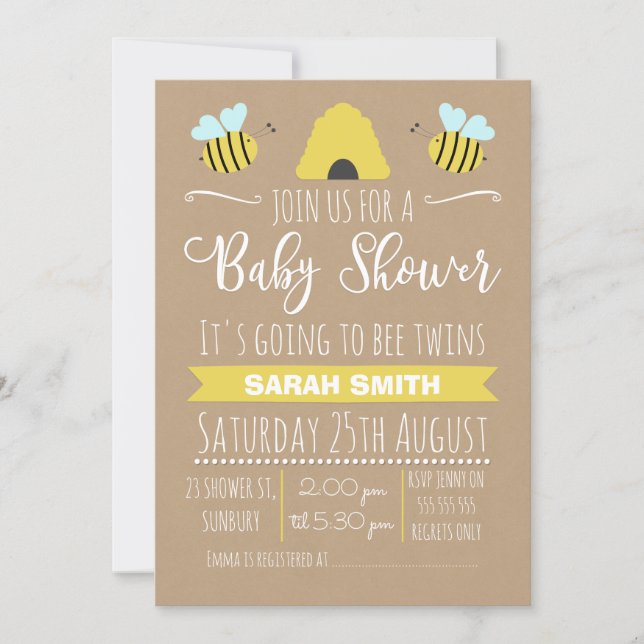Faux Kraft Twins Busy Bee baby Shower Invitation (Front)
