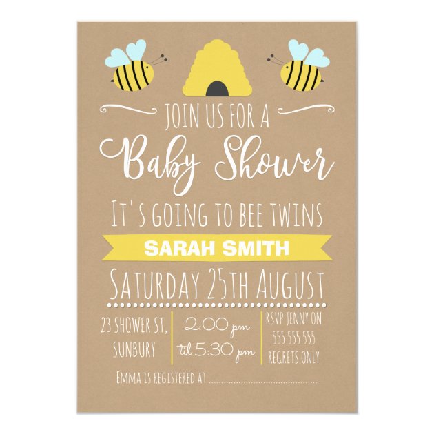 Faux Kraft Twins Busy Bee Baby Shower Invitation