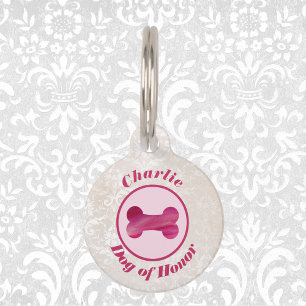 Faux Lace and Fuchsia Bone "Dog of Honor" Wedding Pet ID Tag