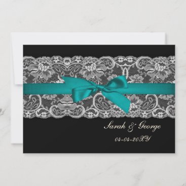 Faux lace and ribbon aqua, black  save the date