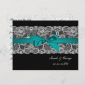 Faux lace and ribbon aqua, black  save the date announcement postcard (Front/Back)