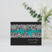Faux lace and ribbon aqua, black  save the date announcement postcard (Standing Front)