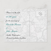 Faux lace and ribbon aqua, black  save the date announcement postcard (Back)