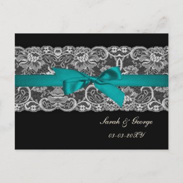 Faux lace and ribbon aqua, black  save the date announcement postcard