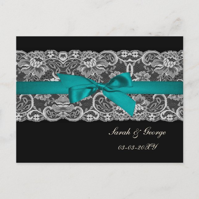 Faux lace and ribbon aqua, black  save the date announcement postcard (Front)