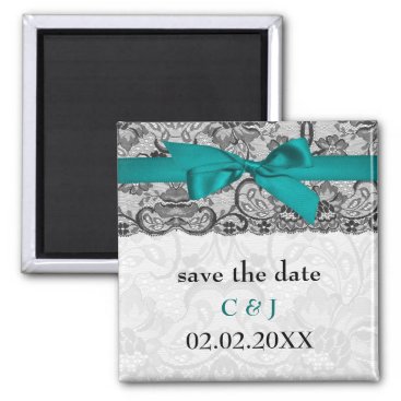 Faux lace and ribbon aqua, black  save the date magnet