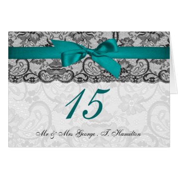 Faux lace and ribbon aqua black table number cards