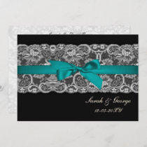 Faux lace and ribbon aqua , black  wedding invites