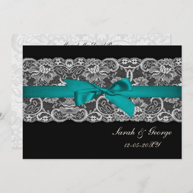 Faux lace and ribbon aqua , black  wedding invites (Front/Back)