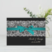 Faux lace and ribbon aqua , black  wedding invites (Standing Front)