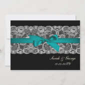Faux lace and ribbon aqua , black  wedding invites (Front)