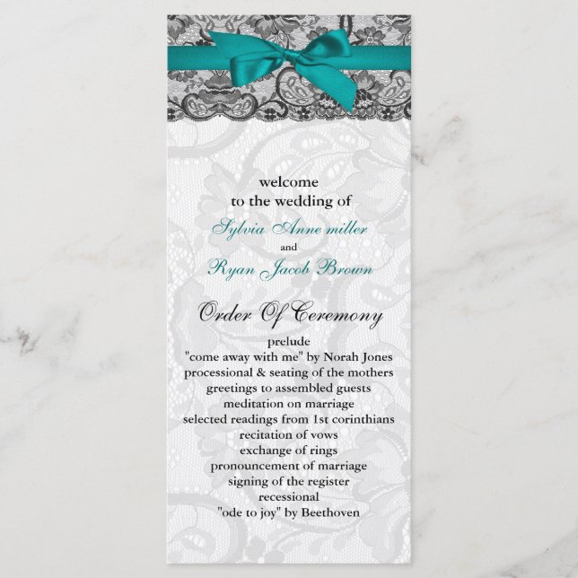 Faux lace and ribbon aqua, black  wedding programs (Front)
