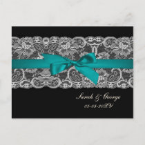 Faux lace and ribbon aqua, black  wedding rsvp invitation postcard