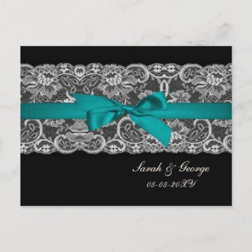 Faux lace and ribbon aqua, black  wedding rsvp invitation postcard