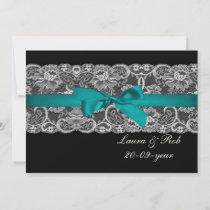 Faux lace and ribbon aqua black  wedding Thank You Invitation